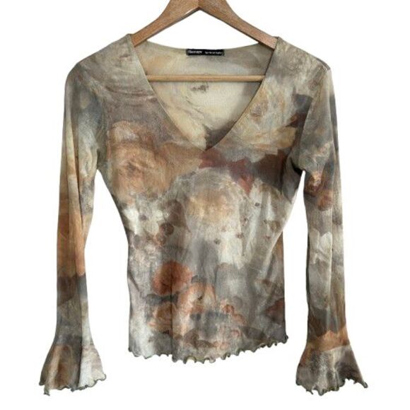 VTG Y2K Therapy Mesh V-Neck Top S Floral Roses Fairycore Whimsy Stretch - Picture 2 of 6